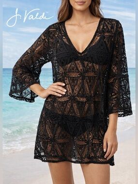 J. Valdi Black Crochet Lace Cover Up Dress Boho Sheer Bell Sleeve Large